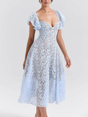 Aurohaya Romantic Bluebell Lace Butterfly Sleeve Sweetheart Neck Stretch Midi Dress