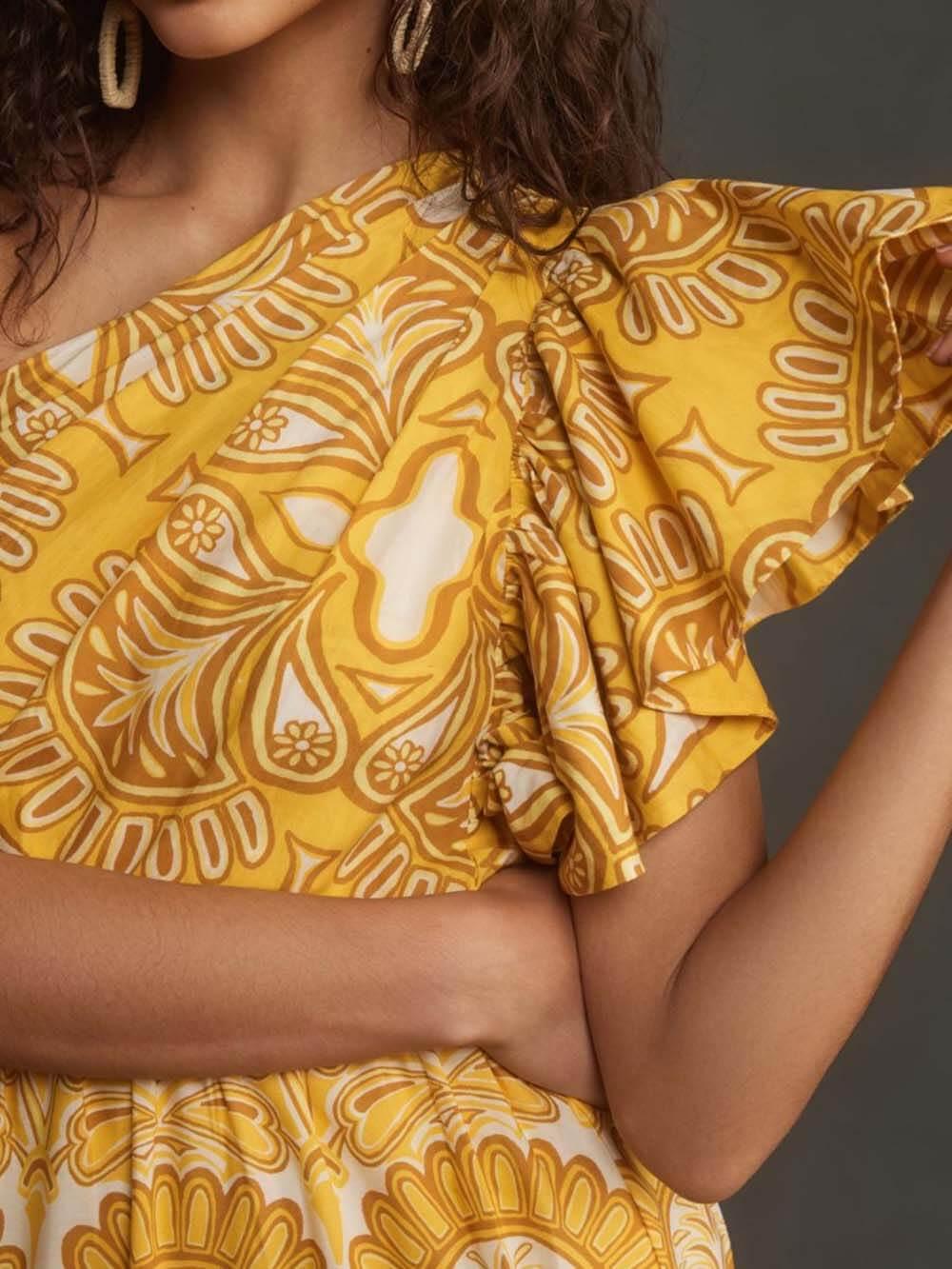 Aurohaya Exquisite Unique Print One Shoulder Ruffle Sleeve Tiered Maxi Dress