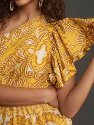 Aurohaya Exquisite Unique Print One Shoulder Ruffle Sleeve Tiered Maxi Dress