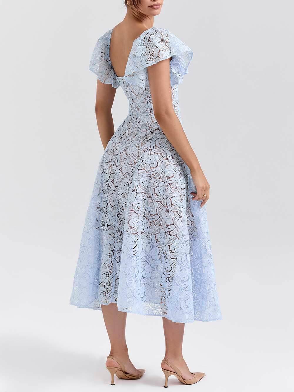 Aurohaya Romantic Bluebell Lace Butterfly Sleeve Sweetheart Neck Stretch Midi Dress