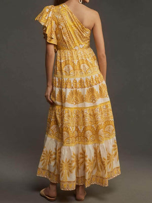 Aurohaya Exquisite Unique Print One Shoulder Ruffle Sleeve Tiered Maxi Dress