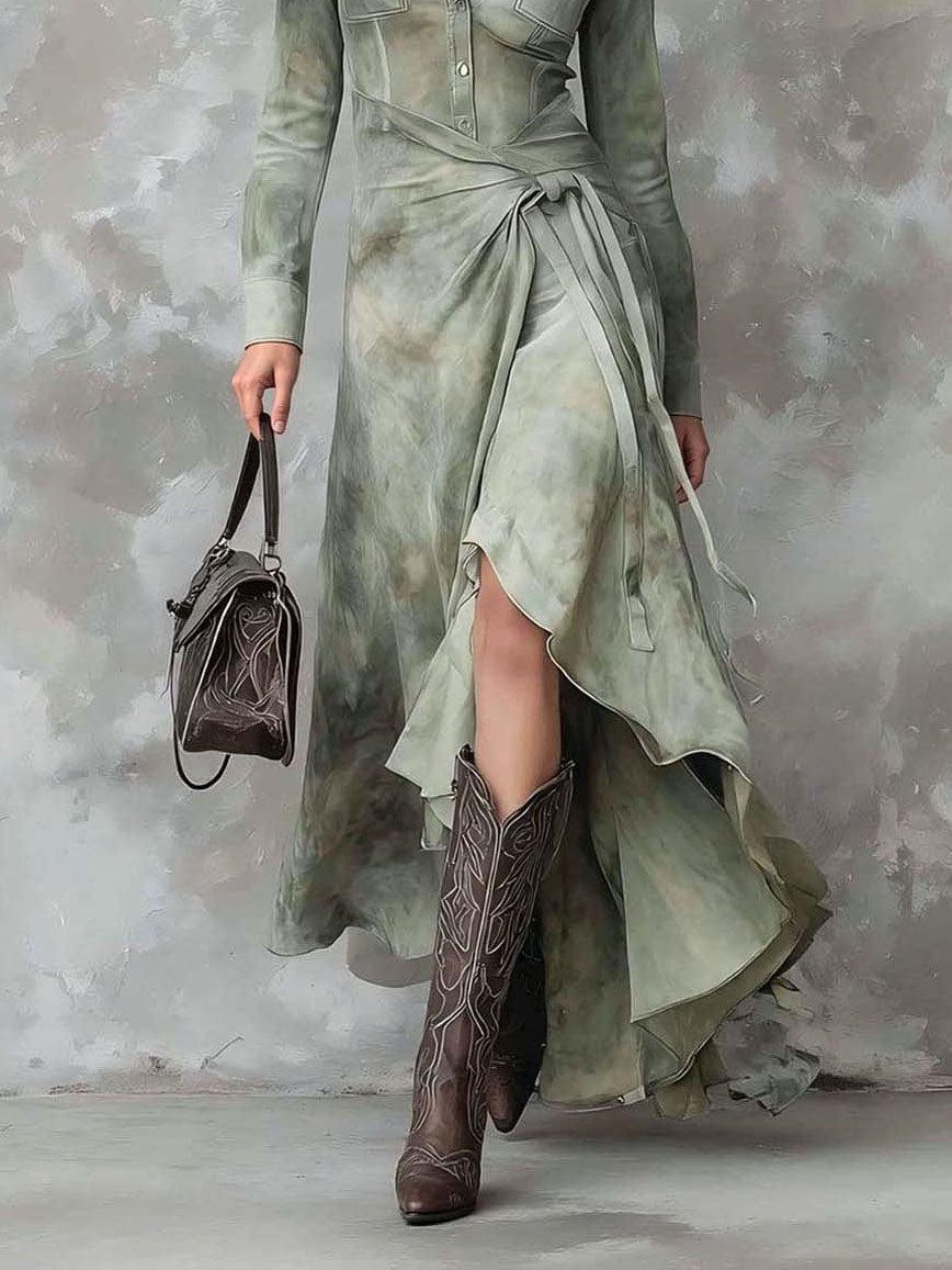 Aurohaya Retro Tie-Dye Print Shirt Collar Maxi Dress