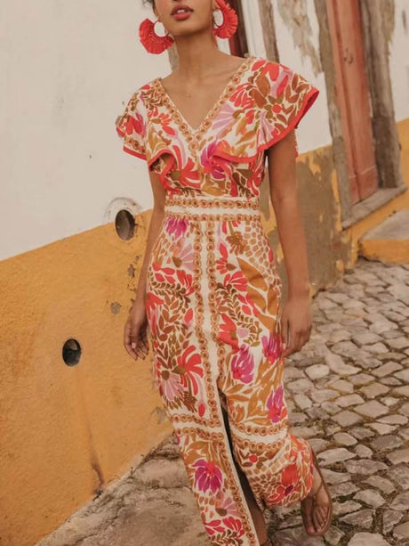 Aurohaya Fashionable V-Neck Ruffled Open Print Backless Dress