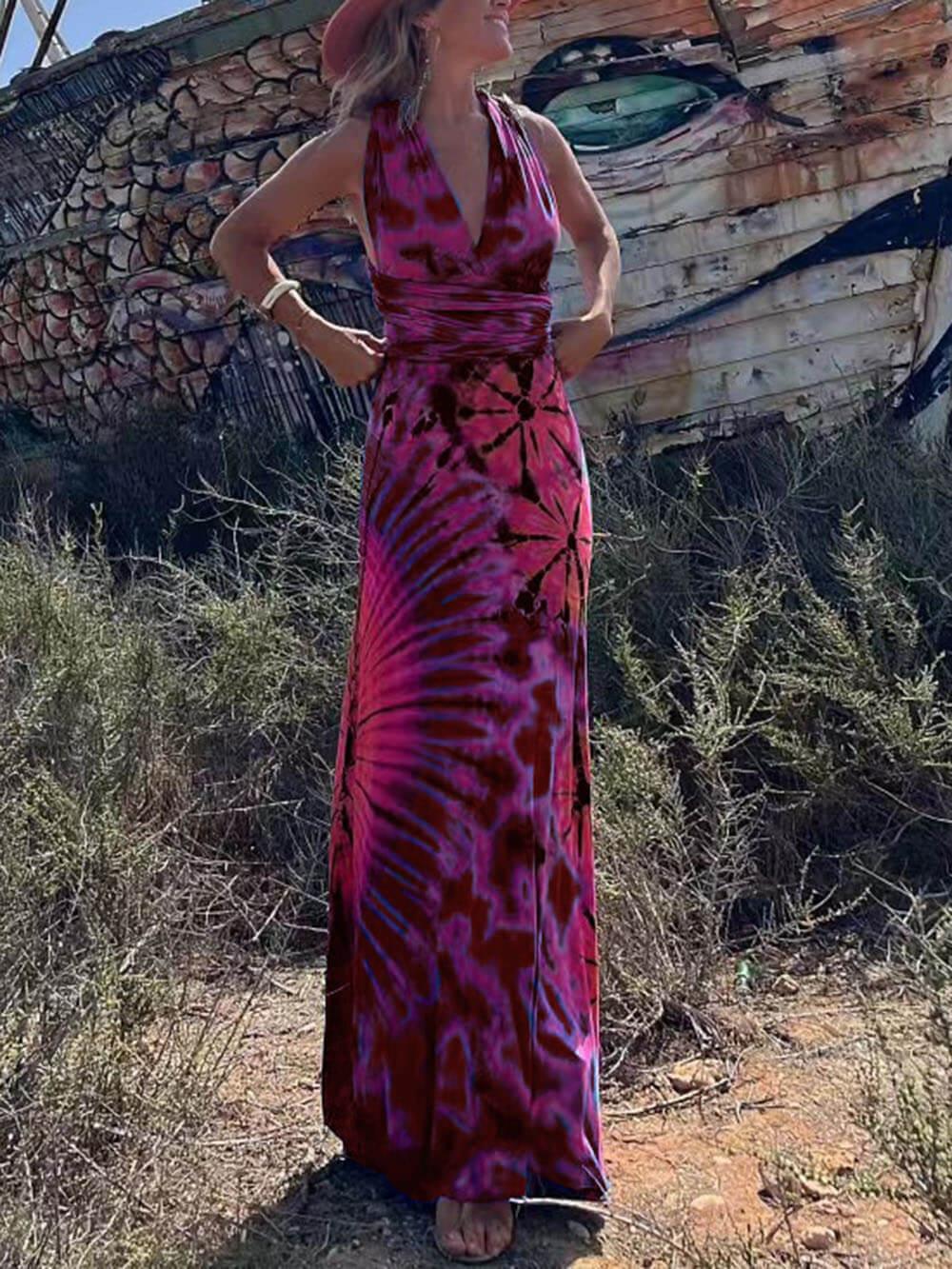 Aurohaya Printed Sleeveless V-Neck Maxi Dress Red