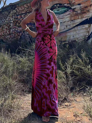 Aurohaya Printed Sleeveless V-Neck Maxi Dress Red