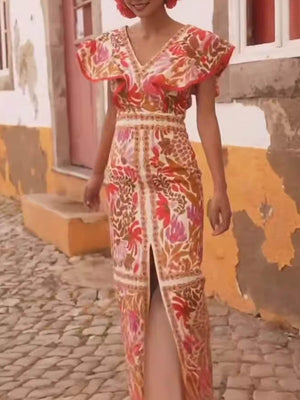 Aurohaya Fashionable V-Neck Ruffled Open Print Backless Dress