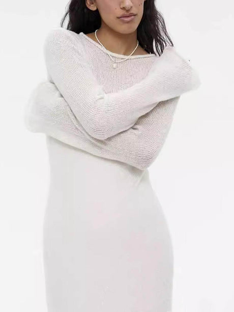 Aurohaya Classic Soft Knit Hollow Maxi Skirt + Vest Skirt Set Ivory One Size