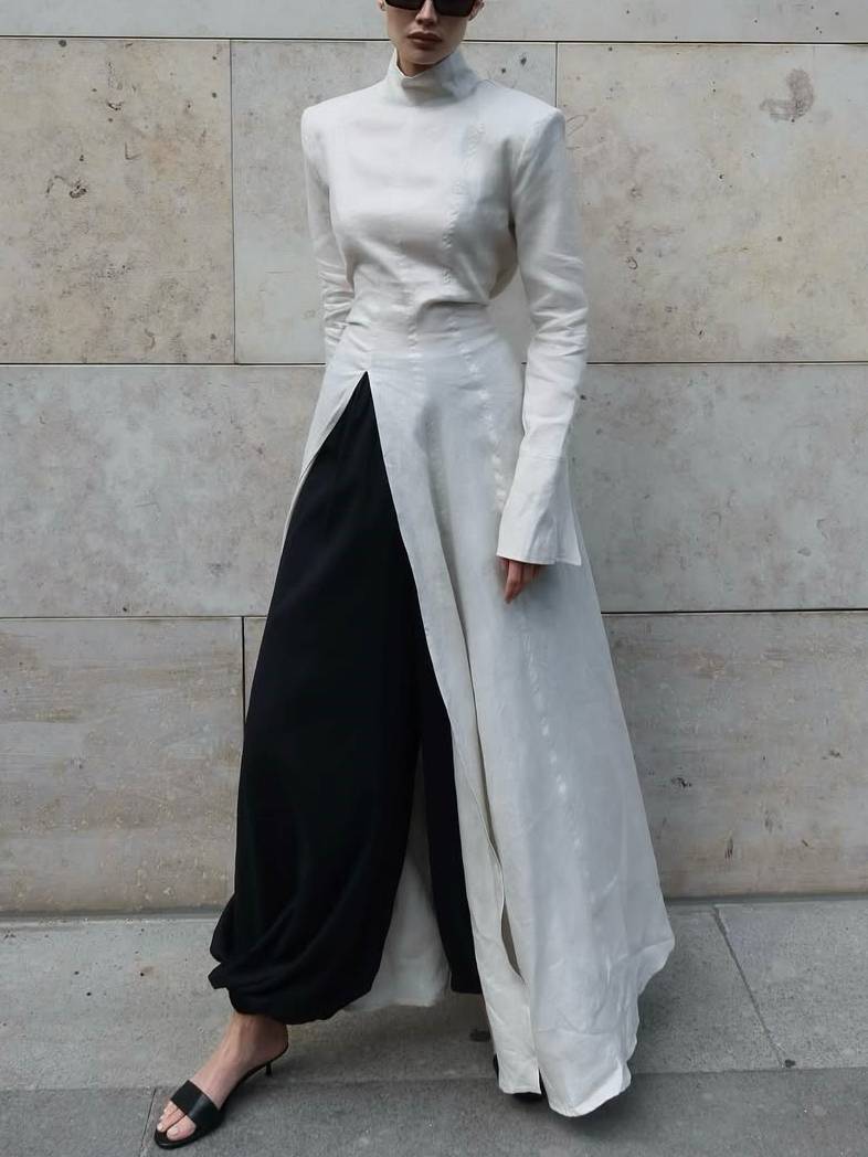 Long Sleeve Slit Shirt Dress And Wide Leg Pants Suit-Shirt Dress