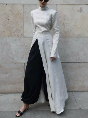 Aurohaya Long Sleeve Slit Shirt Dress And Wide Leg Pants Suit-Shirt Dress