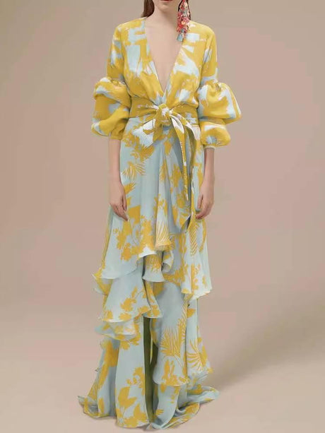 Aurohaya Unique Print Deep V Neck Dress Yellow