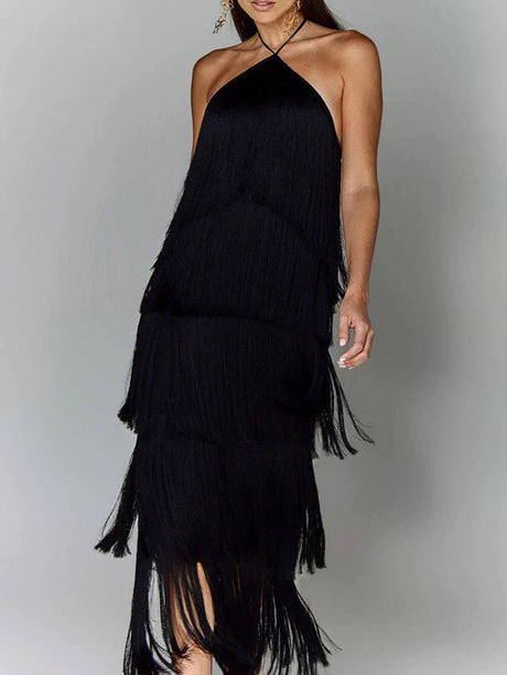 Aurohaya Fashionable Halter Neck Tassel Backless Slit Party Dress