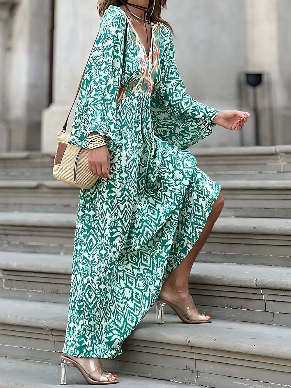 Aurohaya Fashionable And Casual V-Neck Colorblock Print Maxi Dress Green