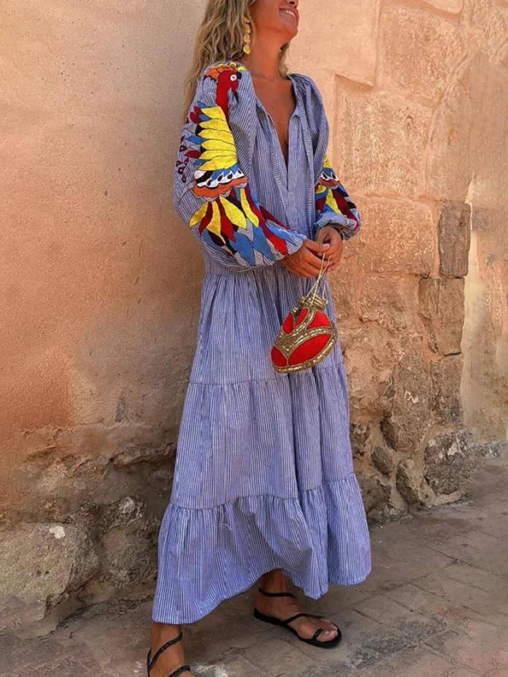 Aurohaya Unique Peacock Pattern Striped Print Deep V Loose Maxi Dress