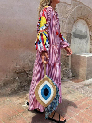 Aurohaya Unique Peacock Pattern Striped Print Deep V Loose Maxi Dress Red