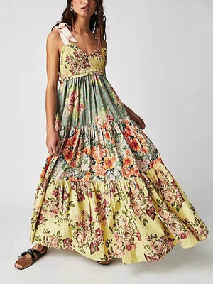 Aurohaya Classic French Fashion Floral Print Slip Dress Yellow