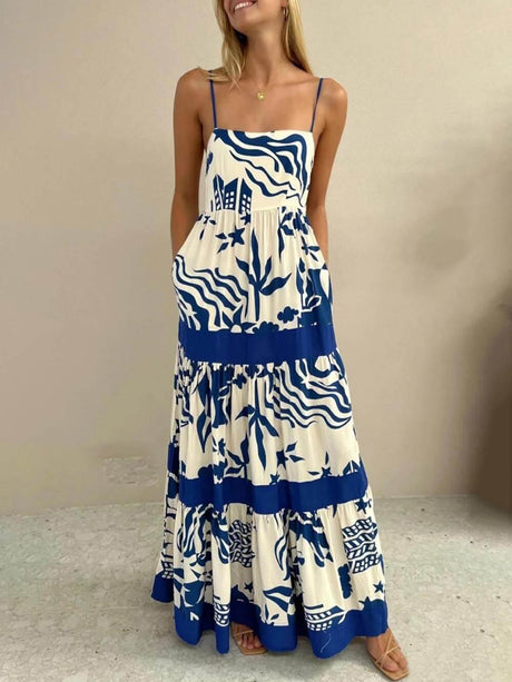 Aurohaya Elegant Ruffled With Floral Print Maxi Dress Blue