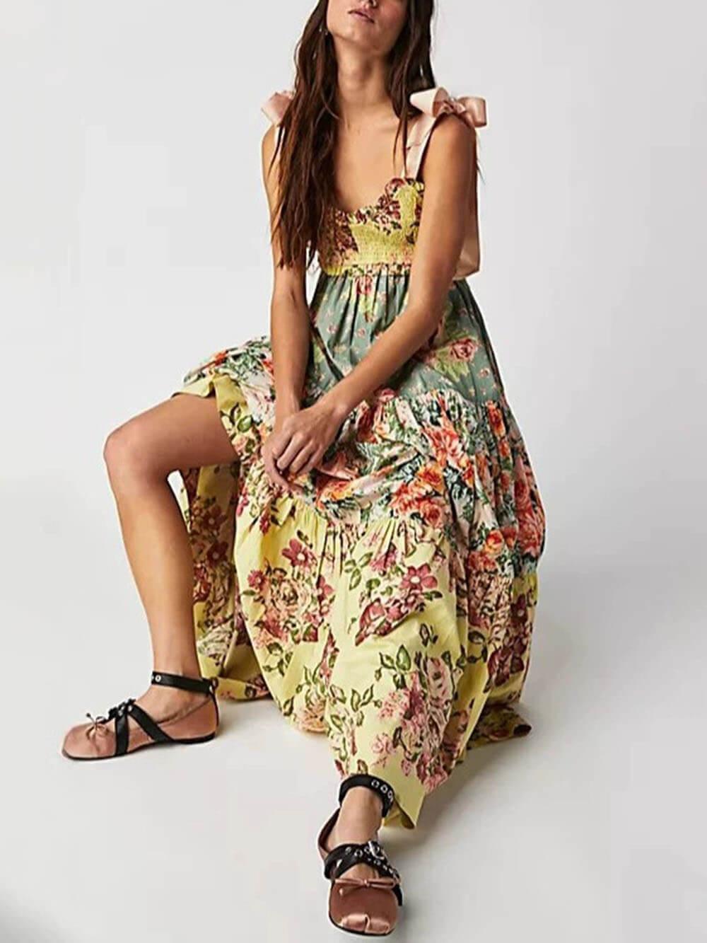 Aurohaya Classic French Fashion Floral Print Slip Dress