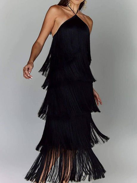 Aurohaya Fashionable Halter Neck Tassel Backless Slit Party Dress Black