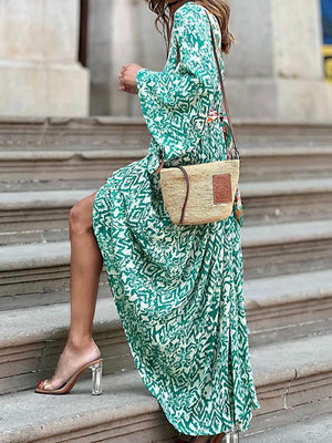 Aurohaya Fashionable And Casual V-Neck Colorblock Print Maxi Dress