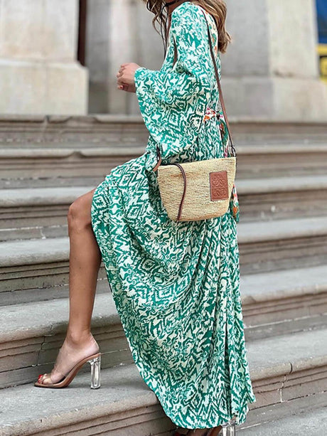 Aurohaya Fashionable And Casual V-Neck Colorblock Print Maxi Dress