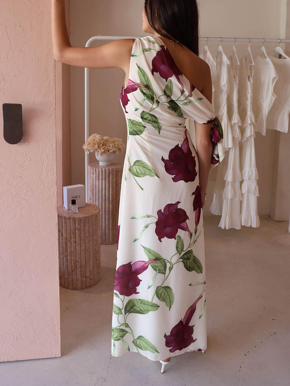 Aurohaya Elegant Floral Print One-Shoulder Tie Maxi Dress