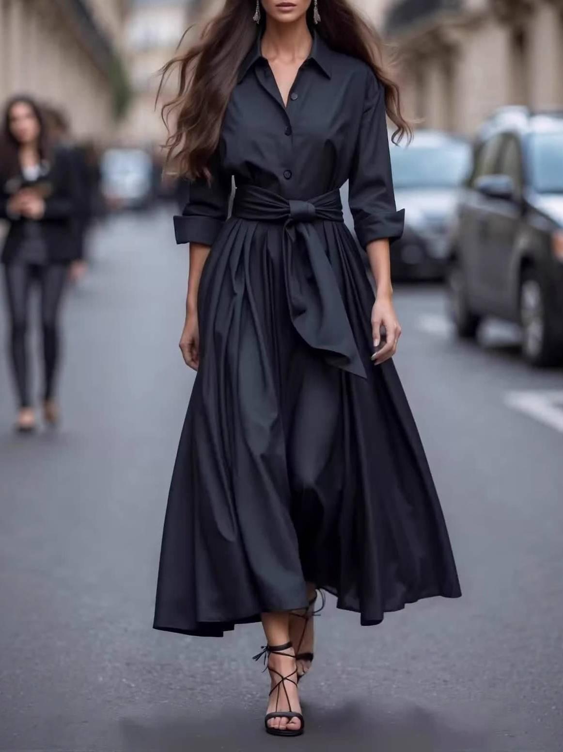 Aurohaya Minimalist Lace-up Design Long Sleeve Maxi Dress Black