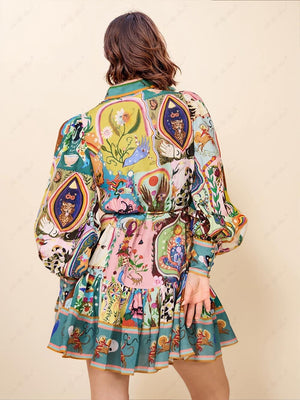Aurohaya Casual Graffiti Evergreen Printing Mini Dress