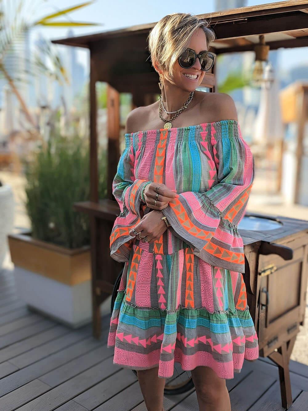 Aurohaya Linen Blend Ethnic Print Off Shoulder Loose Mini Dress