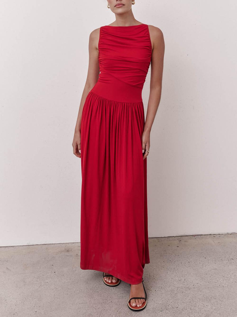 Aurohaya Elegant Pleated Sleeveless Maxi Dress
