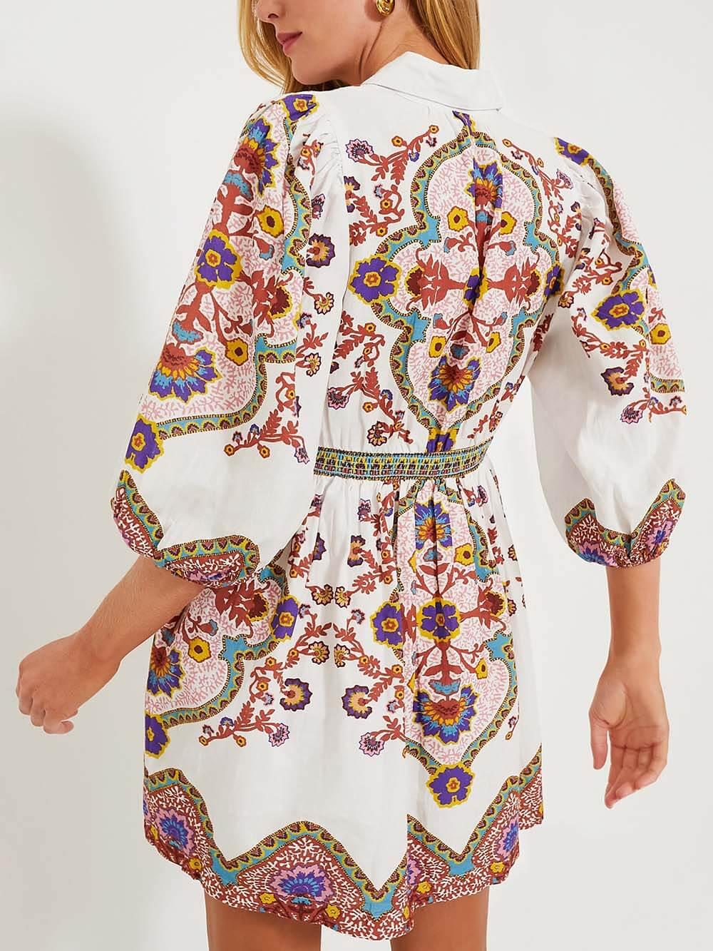 Aurohaya Unique Print Puff Sleeve Pocketed Shirt Mini Dress