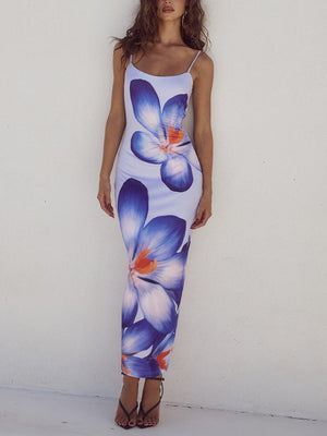 Aurohaya Unique Violet Floral Print Strap Midi Dress Purple