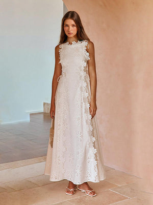 Aurohaya Delicate Lace Hook And Lace Up Sides Maxi Dress