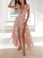 Aurohaya Deep V-neck Floral Hollow Maxi Dress Pink