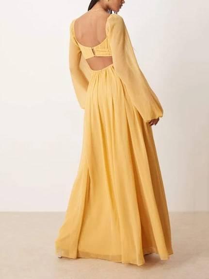 Aurohaya Vintage Square Collar Hollow Design Long Sleeve Maxi Dress
