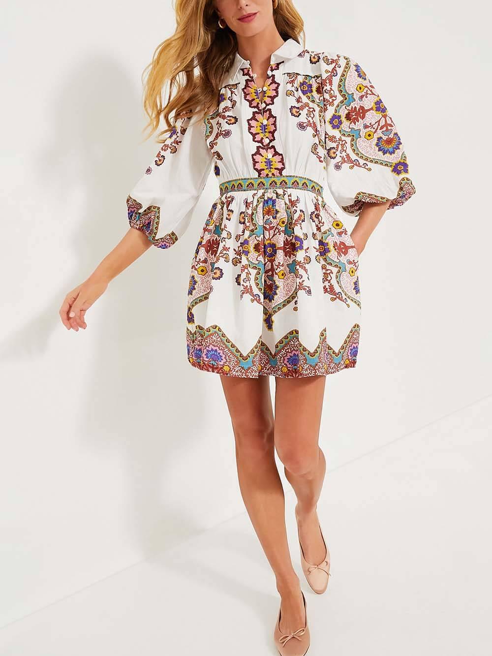 Aurohaya Unique Print Puff Sleeve Pocketed Shirt Mini Dress