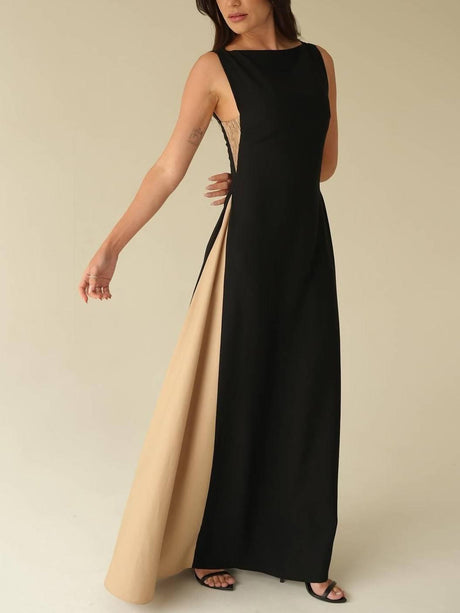Aurohaya Elegant Off-shoulder Color Contrast Maxi Dress