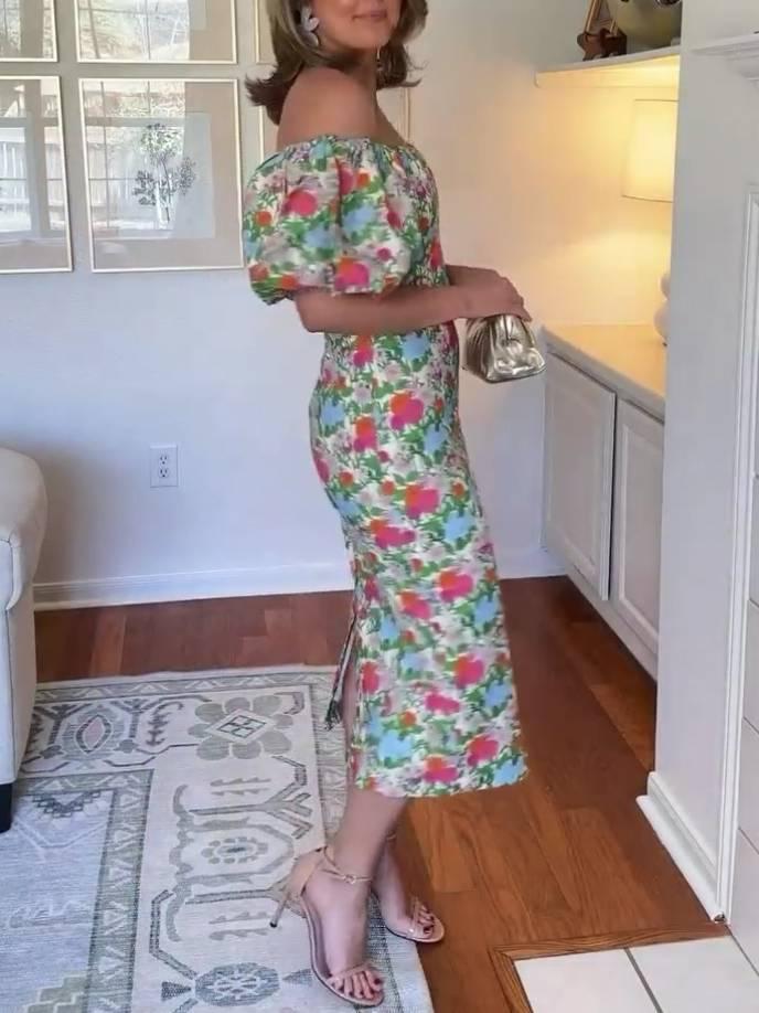 Aurohaya Bubble-Sleeve Floral Dress