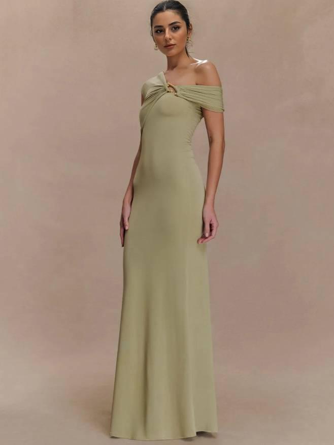 Aurohaya Off-shoulder Asymmetric Design Slim-fit Maxi Dress