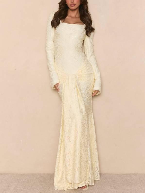 Aurohaya Lace Scarf Design Maxi Dress Light Yellow