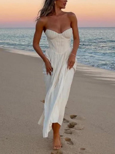 Aurohaya Elegant Pleated Strapless Maxi Dress