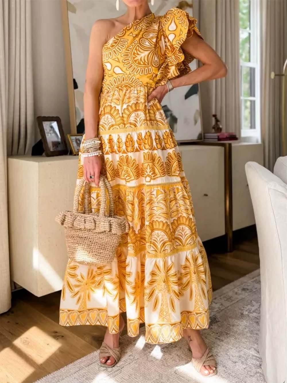 Aurohaya Exquisite Unique Print One Shoulder Ruffle Sleeve Tiered Maxi Dress Yellow