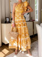 Aurohaya Exquisite Unique Print One Shoulder Ruffle Sleeve Tiered Maxi Dress Yellow