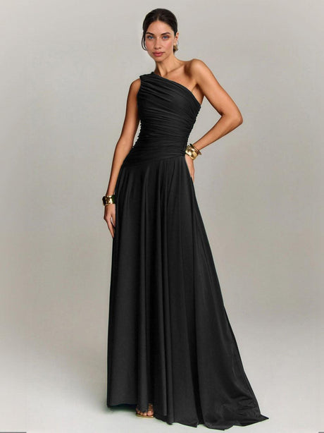Aurohaya Elegant Draped One Shoulder Cocktail Maxi Dress Black