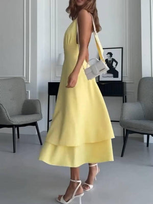 Aurohaya Deep V Halter Neck Double-layer Midi Dress