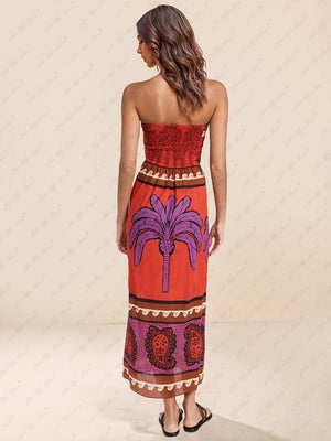 Aurohaya Unique Palm Tree Floral Off-Shoulder Midi Dress