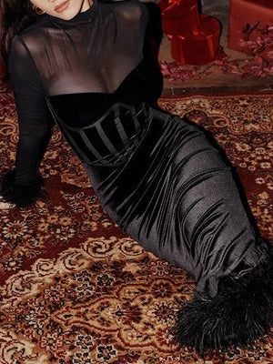 Aurohaya Mesh Patchwork Velvet Corset Dress