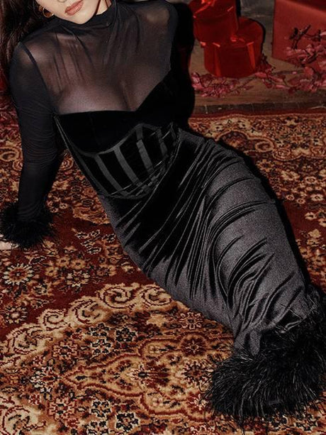 Aurohaya Mesh Patchwork Velvet Corset Dress