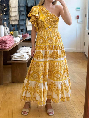 Aurohaya Exquisite Unique Print One Shoulder Ruffle Sleeve Tiered Maxi Dress