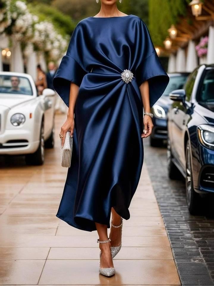 Aurohaya Elegant Pleated Design Maxi Dress Navy Blue