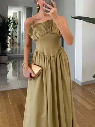 Aurohaya Vintage Tube Top Suspender Dress Mustard